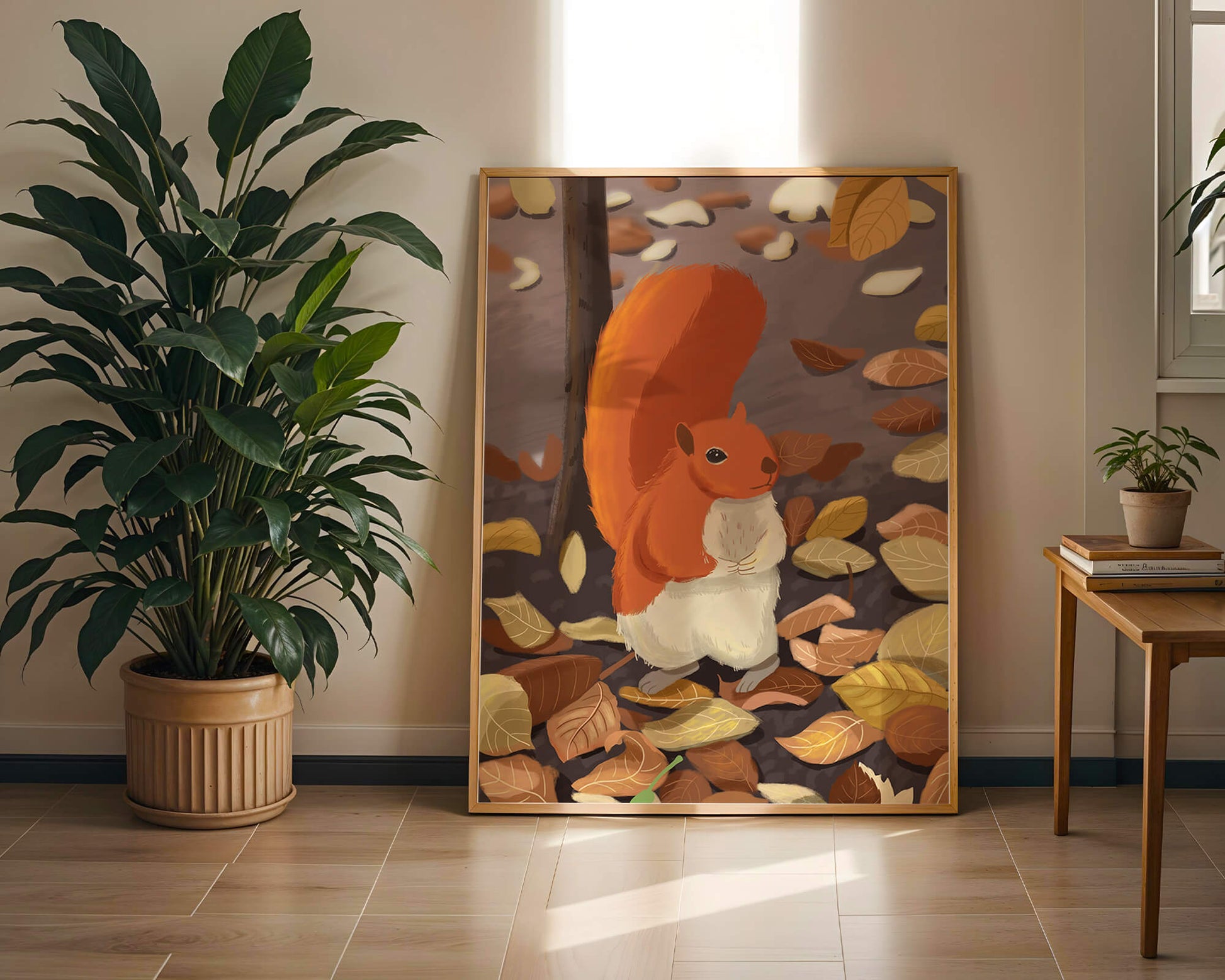 Illustration of a cute squirrel among autumn leaves