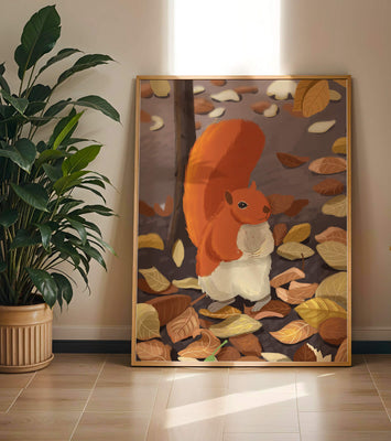 Illustration of a cute squirrel among autumn leaves
