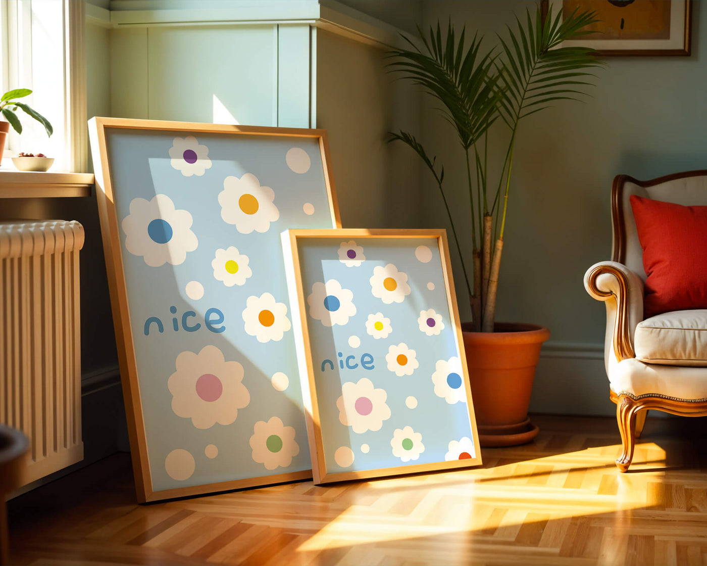 Pastel floral pattern with colorful centers on a blue background