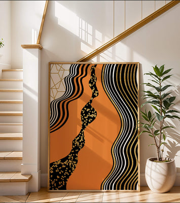 Artistic abstract design with wavy black lines and golden accents