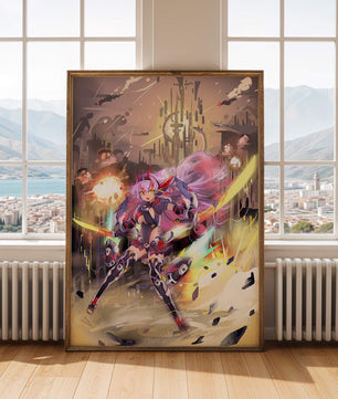 Guerrero anime futurista con espadas de energía en un paisaje urbano de ciencia ficción