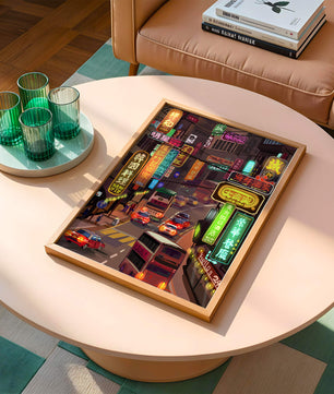 Vibrant urban street with neon signs and bustling traffic at night