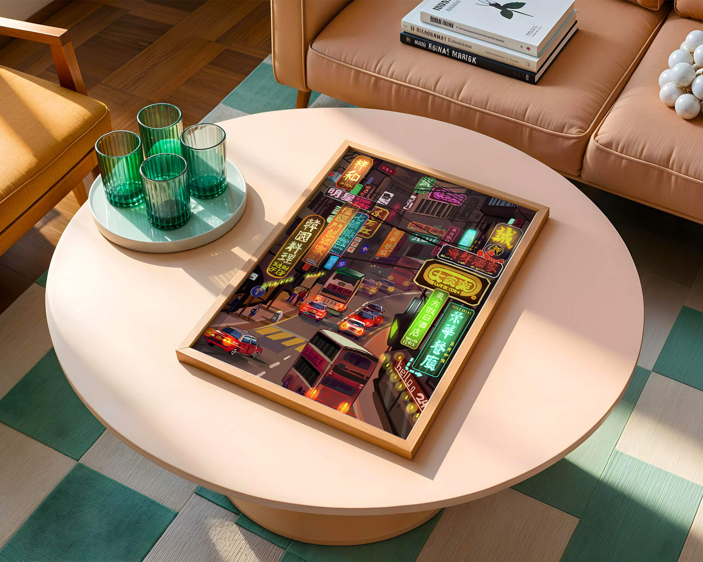 Vibrant urban street with neon signs and bustling traffic at night