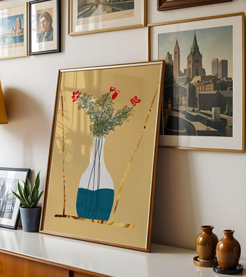 Vase with Red Flowers and Golden Accents