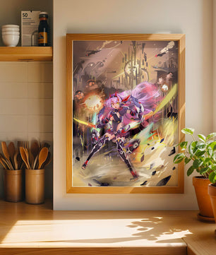 Personnage d’anime guerrier futuriste avec des lames d’énergie dans un paysage urbain de science-fiction