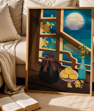 Noche iluminada por la luna con pasteles de luna y decoración floral sobre una mesa de madera
