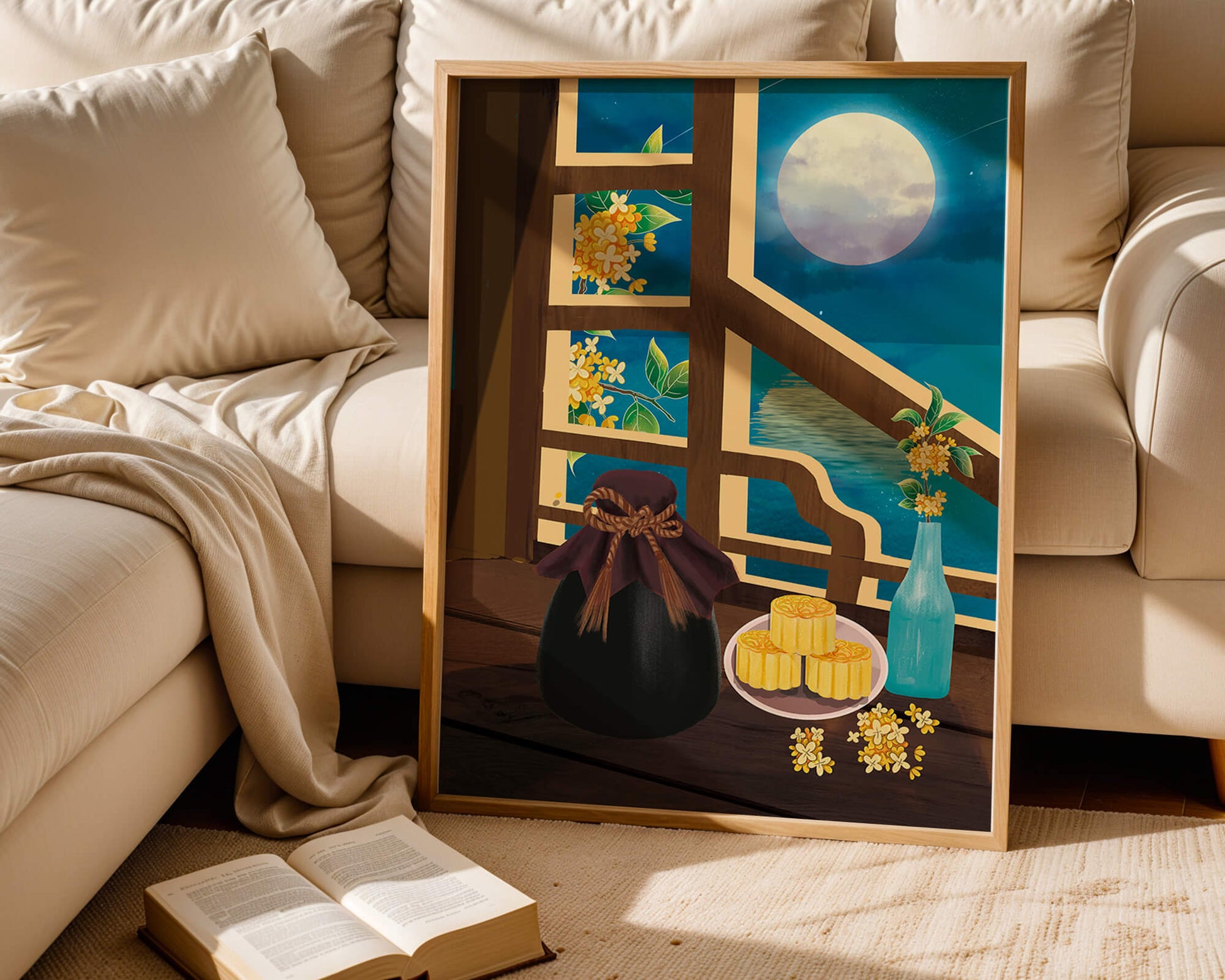Noche iluminada por la luna con pasteles de luna y decoración floral sobre una mesa de madera