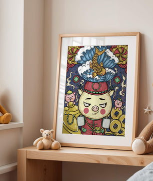 Colorful illustration featuring a whimsical pig and koi fish with decorative elements