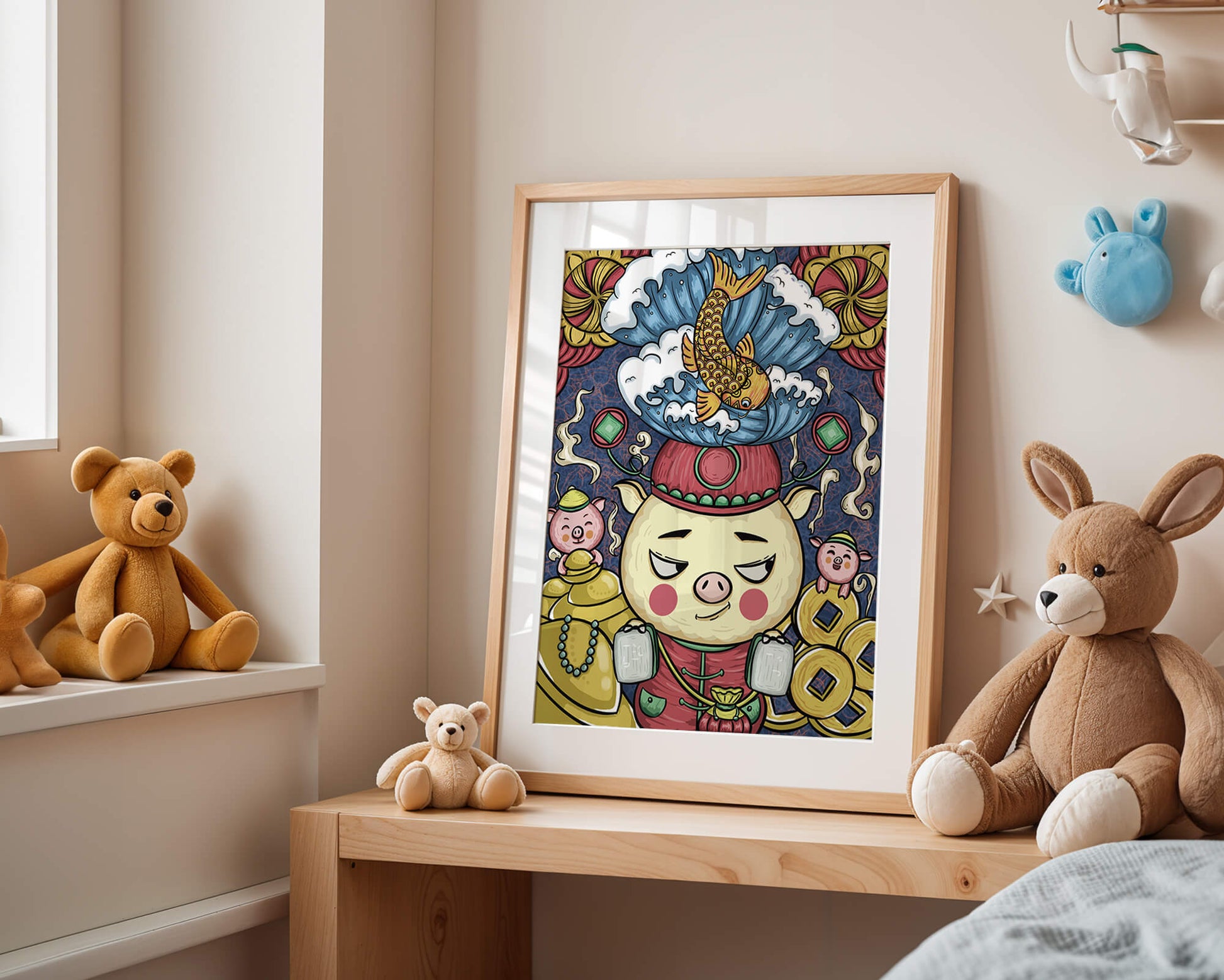 Colorful illustration featuring a whimsical pig and koi fish with decorative elements