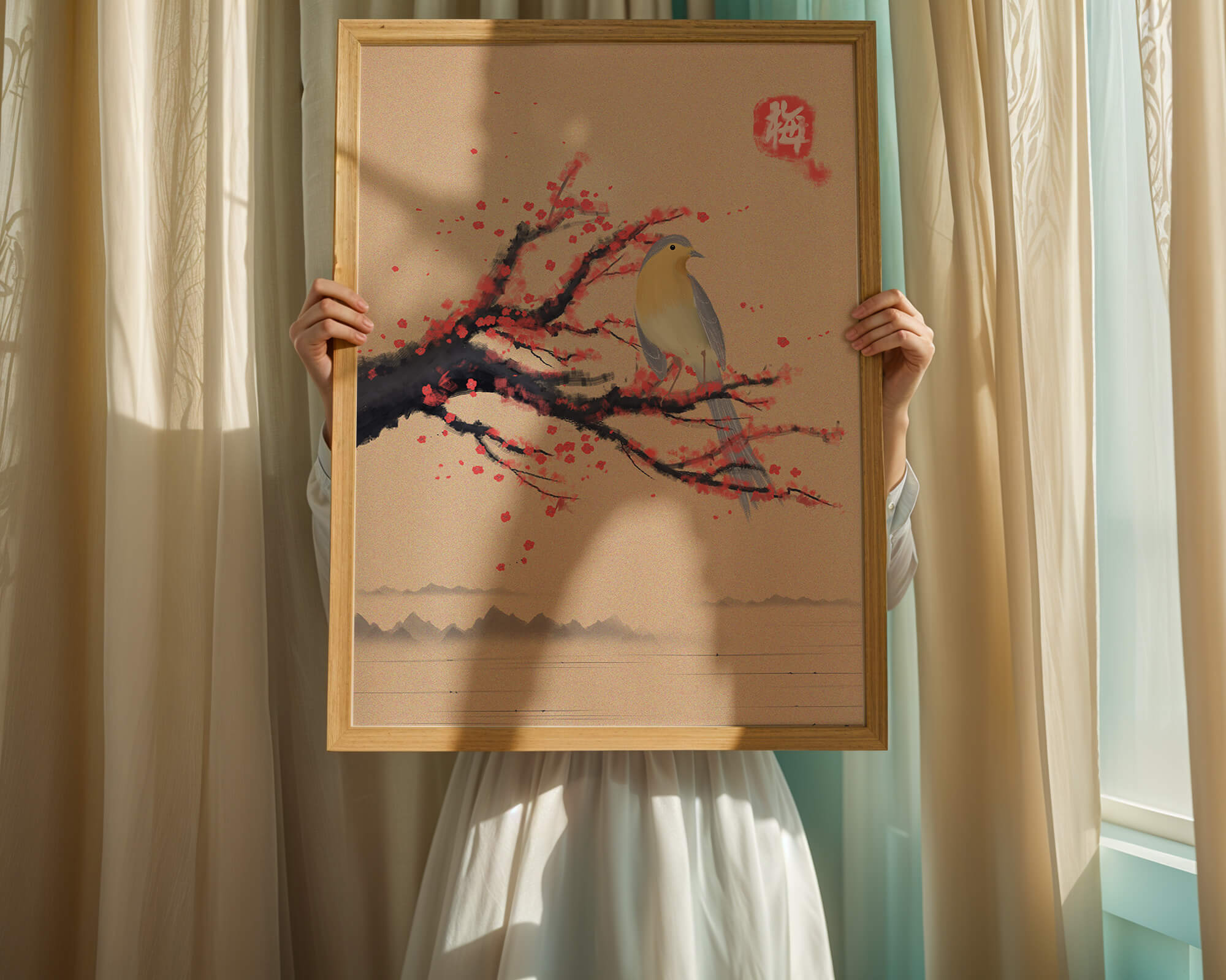Serene bird on cherry blossom branch in traditional Asian art style