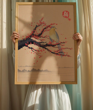Oiseau serein sur une branche de cerisier dans le style artistique asiatique traditionnel