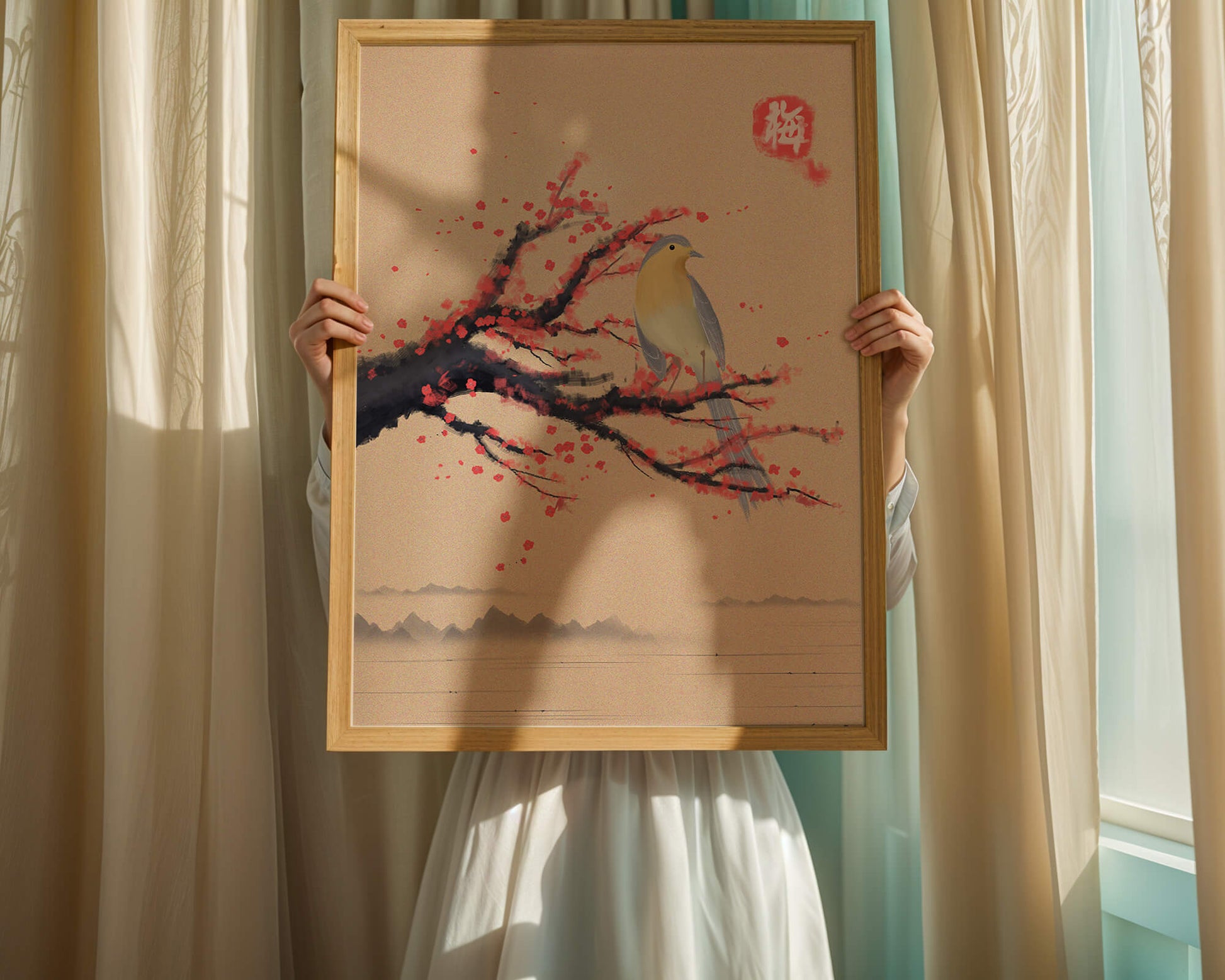 Serene bird on cherry blossom branch in traditional Asian art style