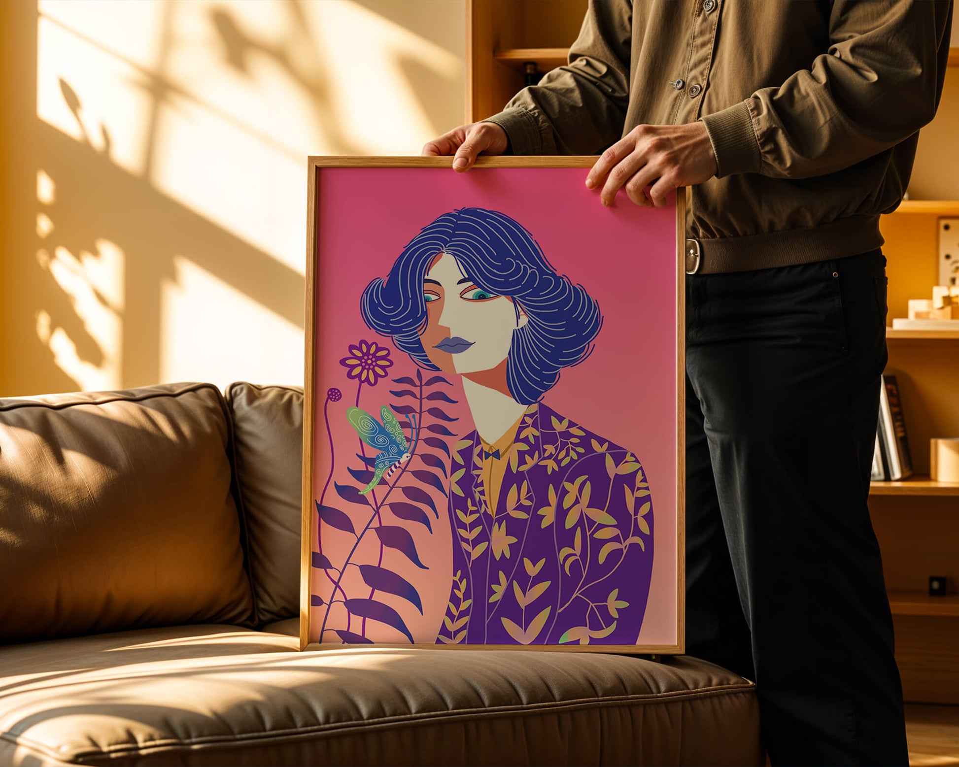 Stylized Portrait of a Woman with Blue Hair and Botanical Pattern