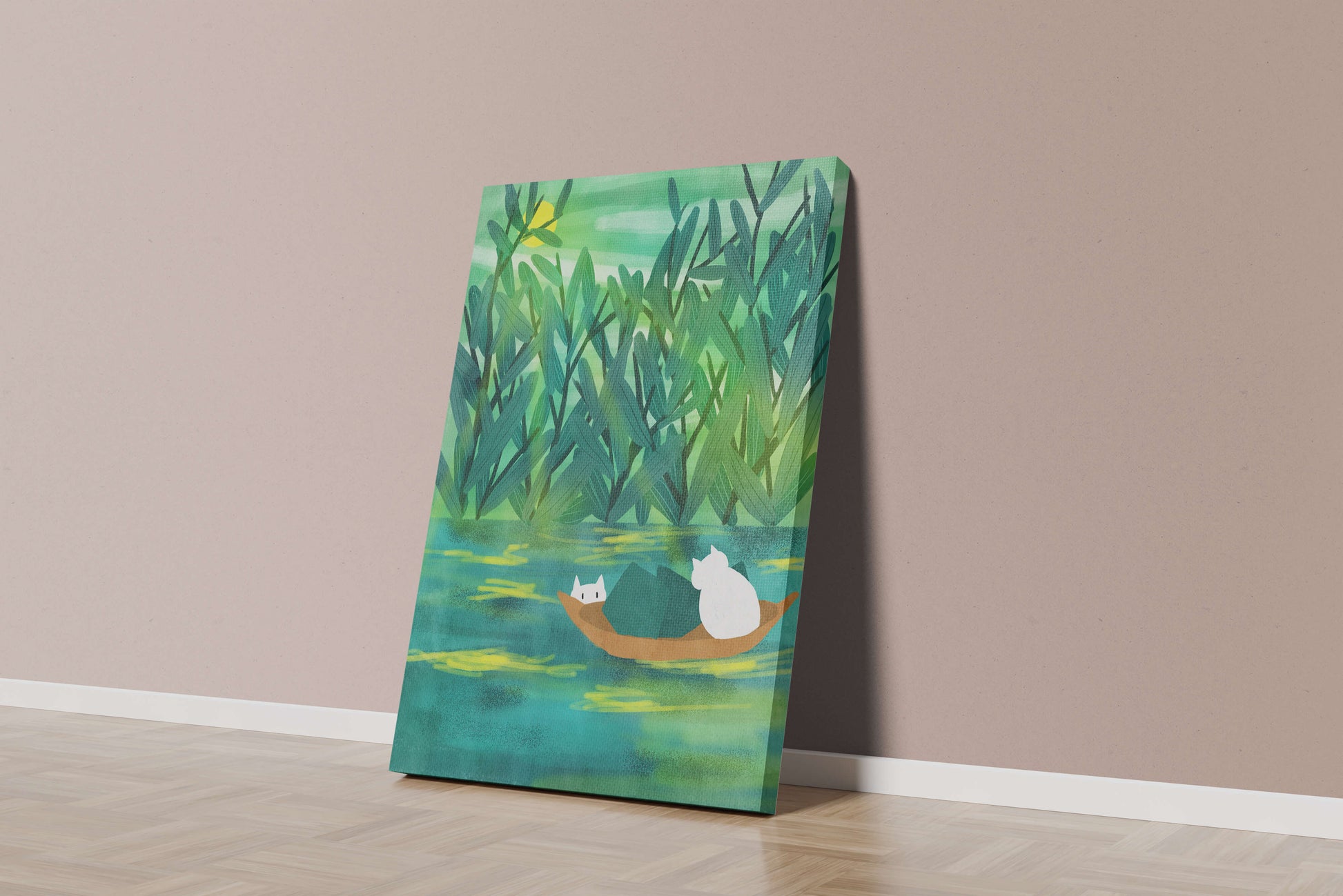 Serene landscape with cats on a boat in lush greenery