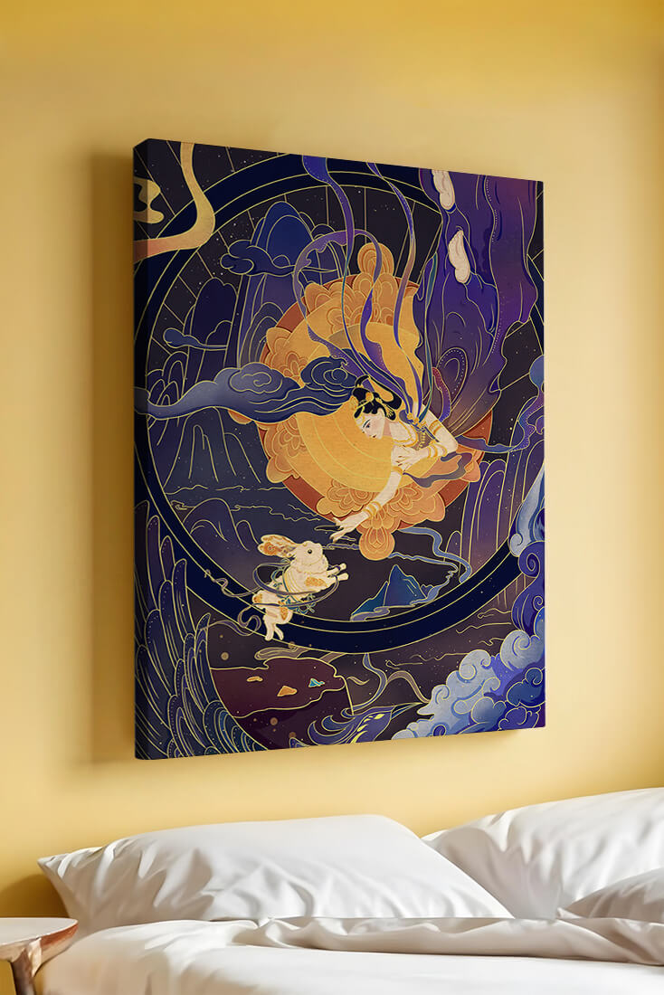 Elegant goddess reaching towards a celestial rabbit in a cosmic scene