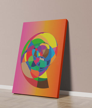 Vibrant abstract geometric shape with multicolored spiral on gradient background