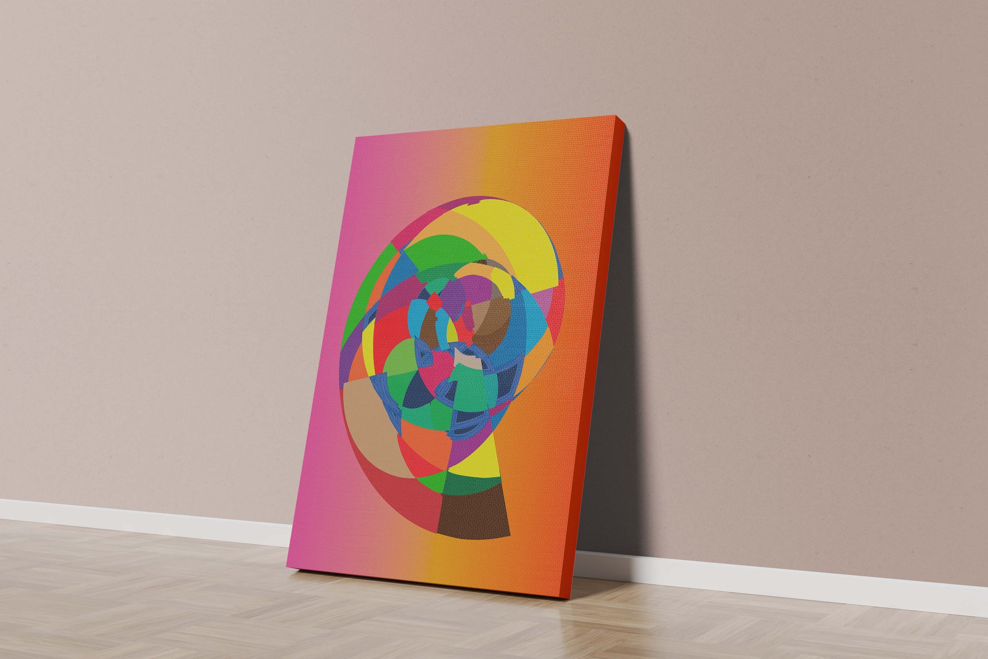Vibrant abstract geometric shape with multicolored spiral on gradient background