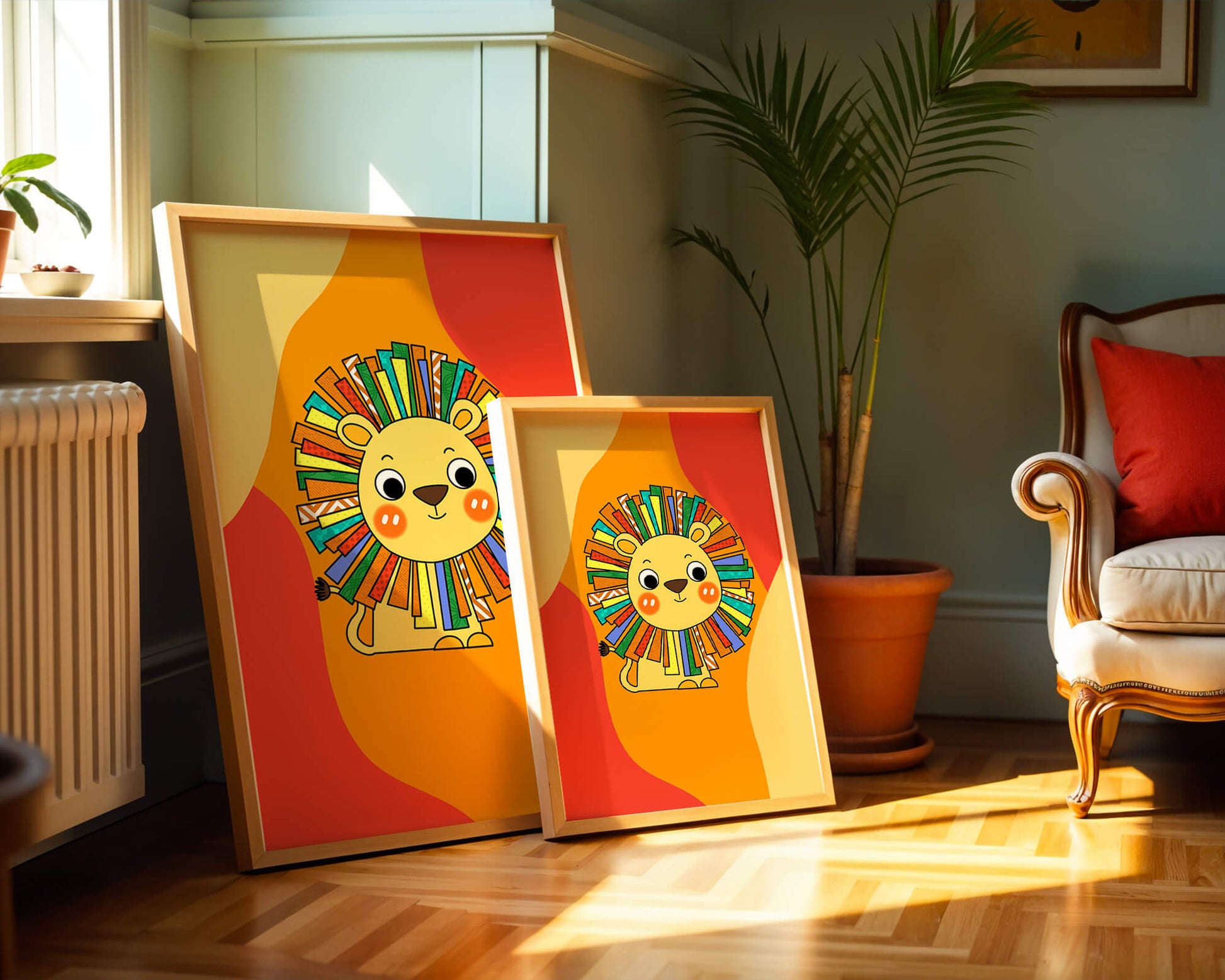 Colorful cartoon lion illustration with vibrant mane on abstract background