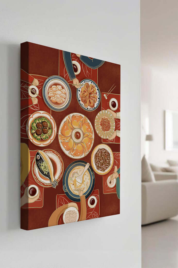 Colorful Chinese cuisine on a dining table with traditional dishes