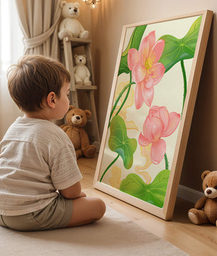 Illustration of pink lotus flowers with green leaves on a pastel background