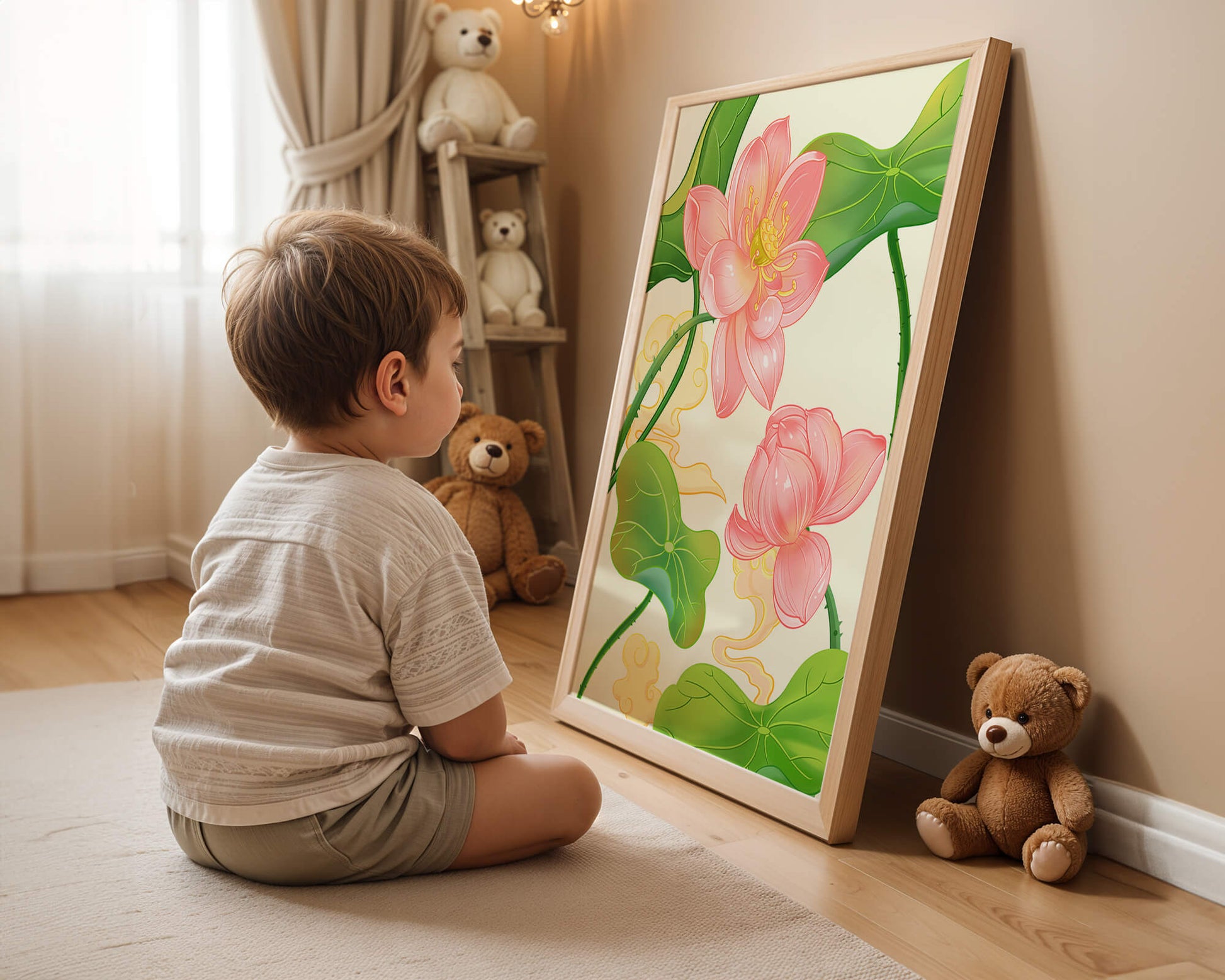 Illustration of pink lotus flowers with green leaves on a pastel background