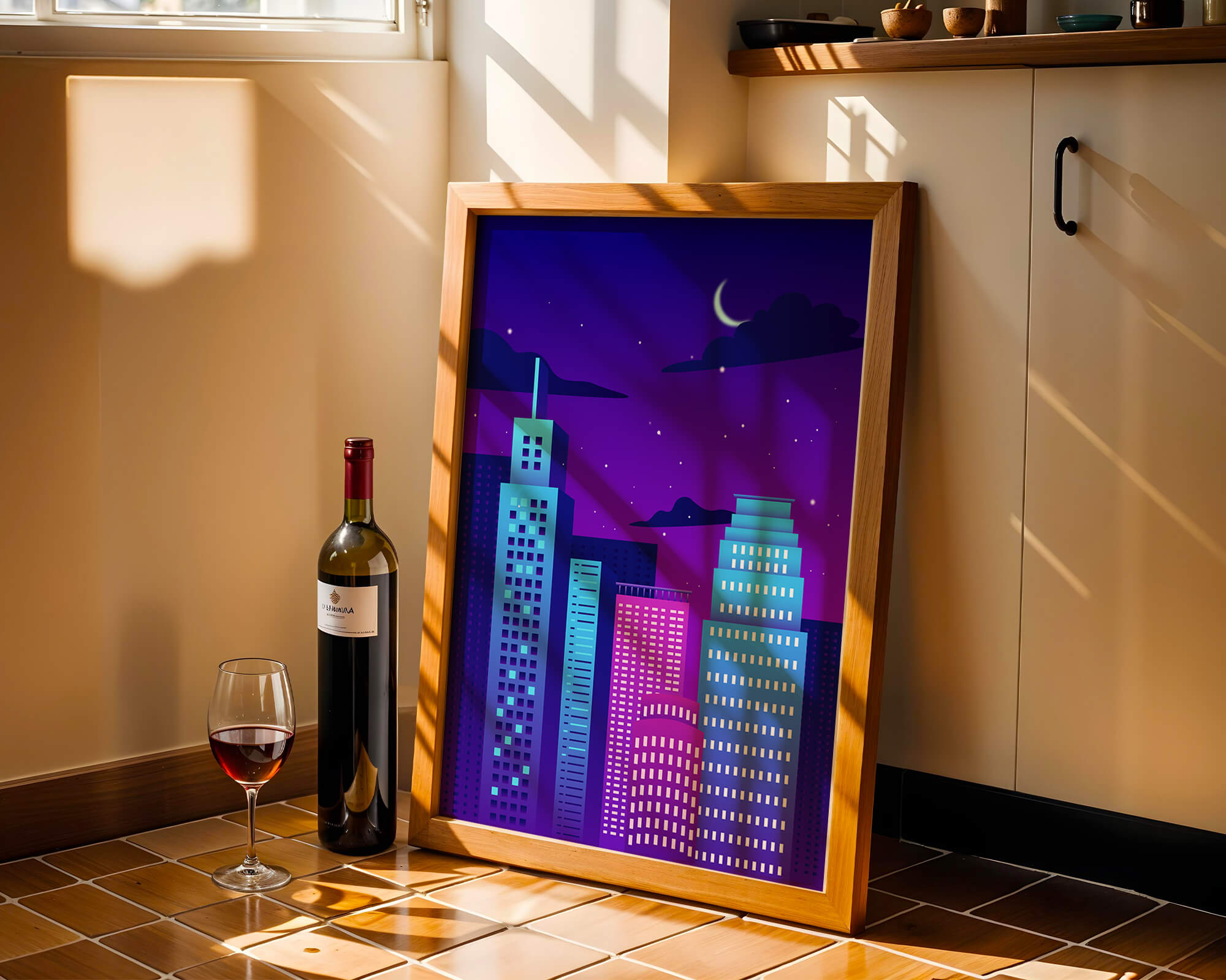 Vibrant city skyline at night with modern skyscrapers and starry sky