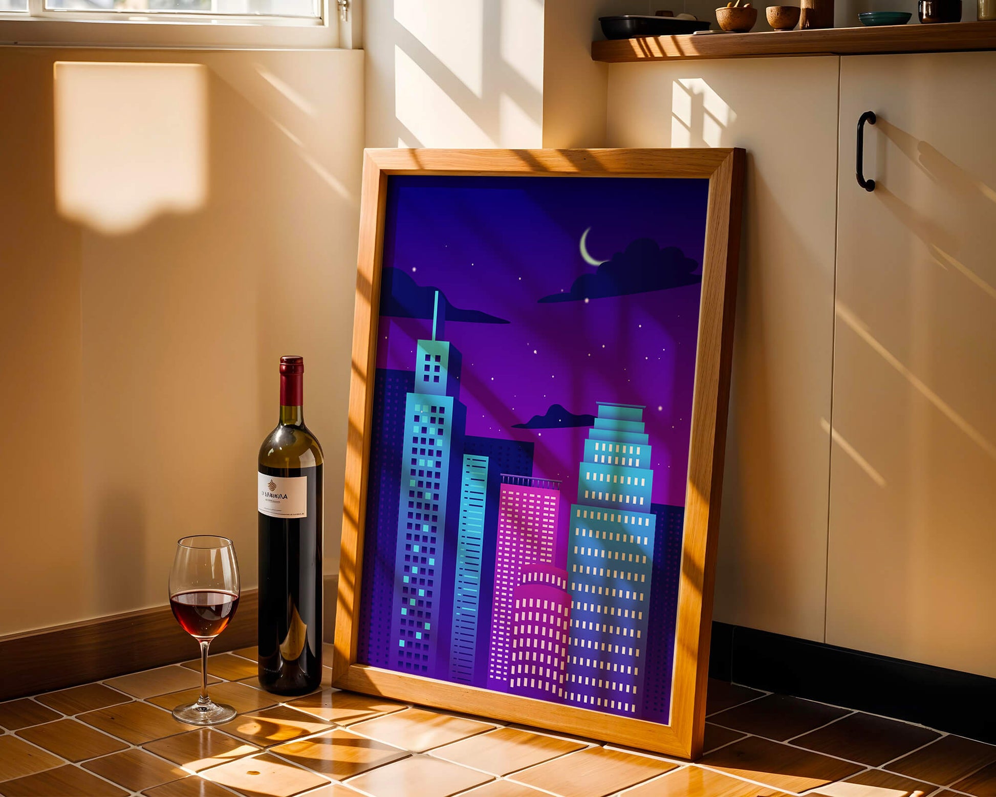Vibrant city skyline at night with modern skyscrapers and starry sky