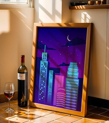Vibrant city skyline at night with modern skyscrapers and starry sky