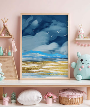 Dynamic Ocean Waves Under Cloudy Sky With Seagulls And Gold-Tinted Sand