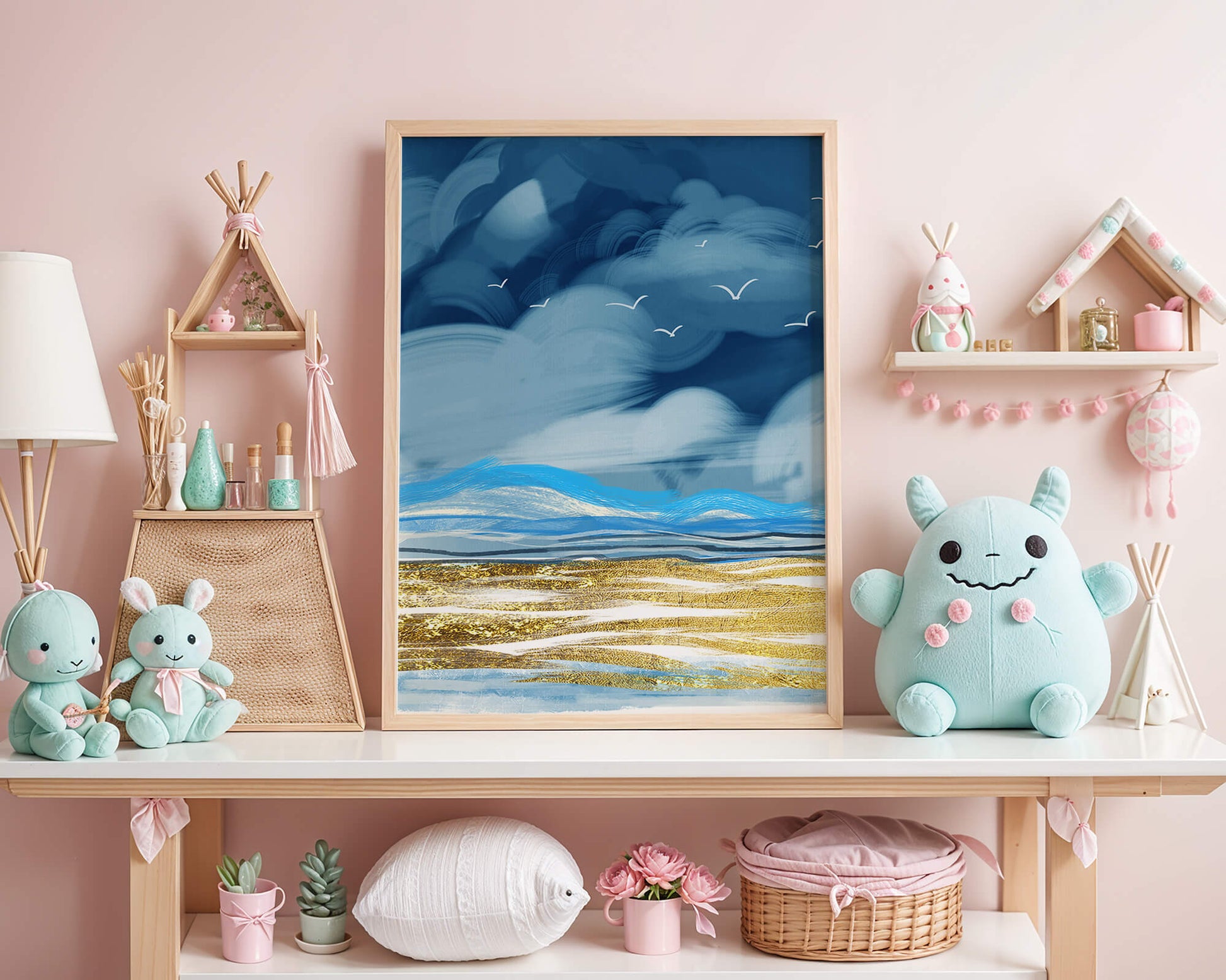 Dynamic Ocean Waves Under Cloudy Sky With Seagulls And Gold-Tinted Sand