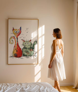 Ilustración artística colorida de dos gatos juguetones sobre fondo blanco