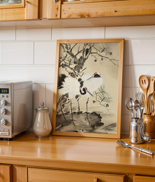 Traditional Japanese Painting of Cranes with Pine Tree and Gold Details
