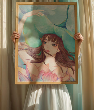 Serene water-inspired portrait of a woman with flowers