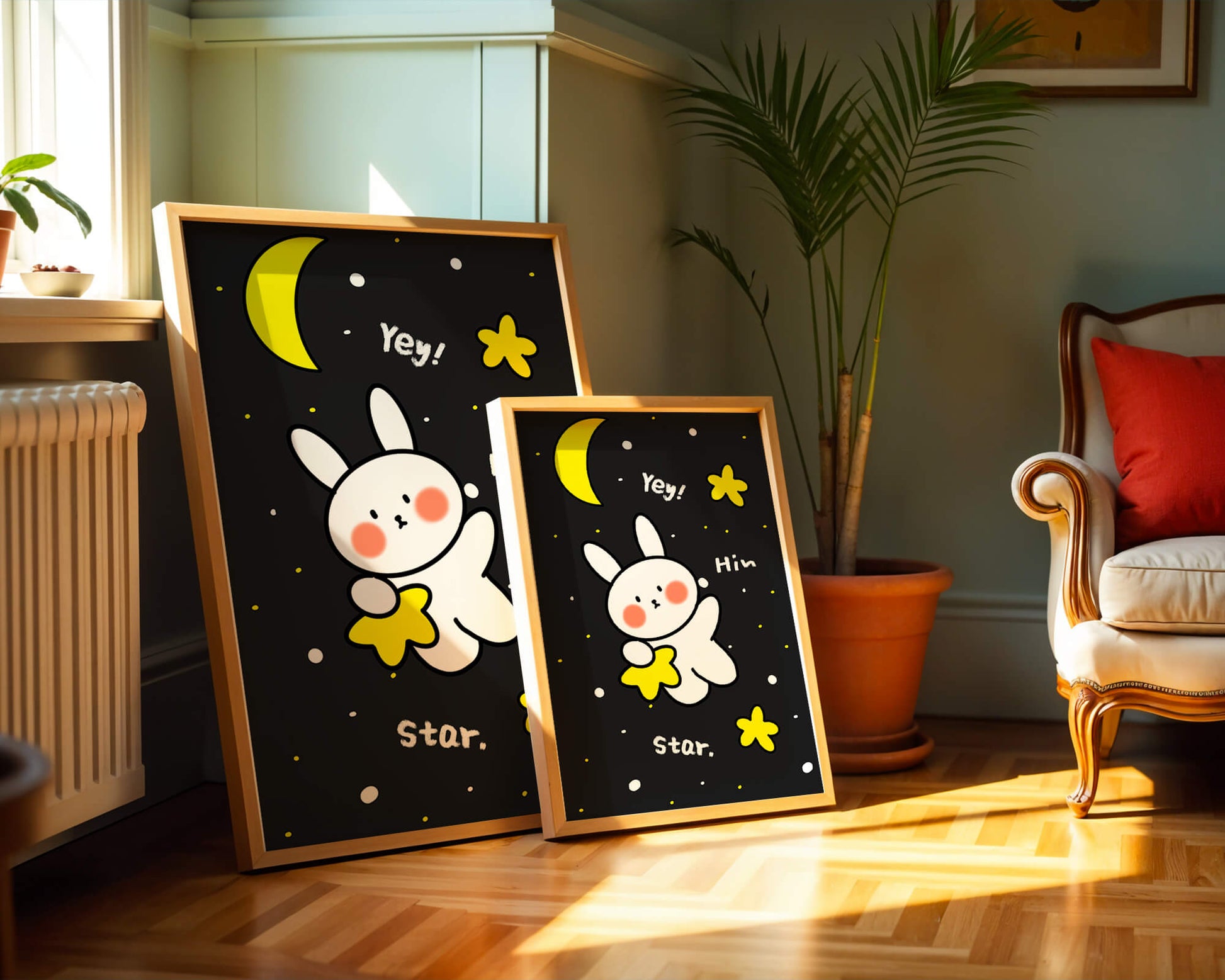 Adorable bunny with stars and moon on a night sky background