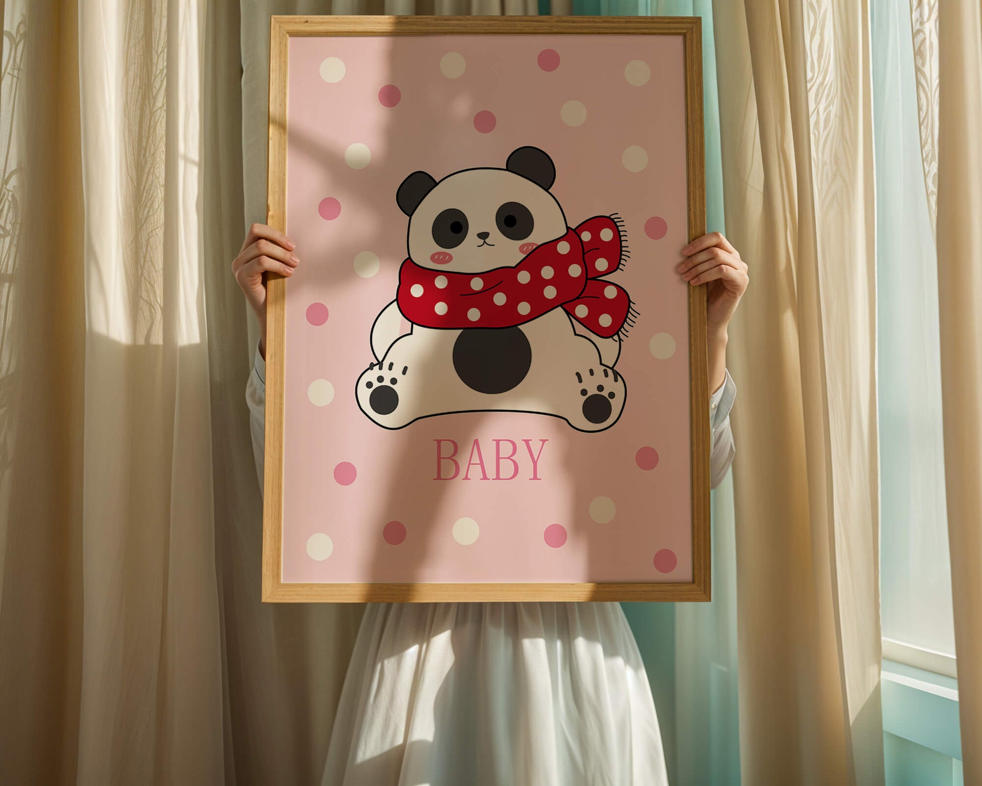 Cartoon panda with red scarf on pink polka dot background