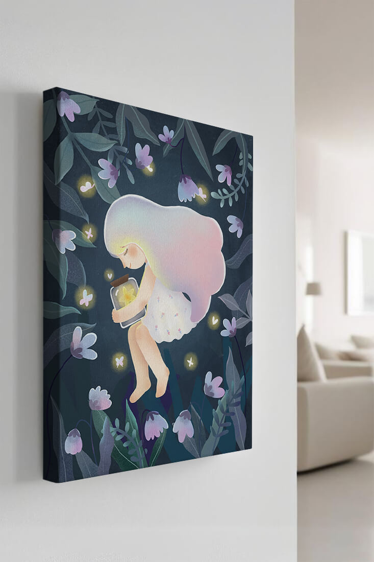 Illustration of a girl with glowing jar in moonlit garden