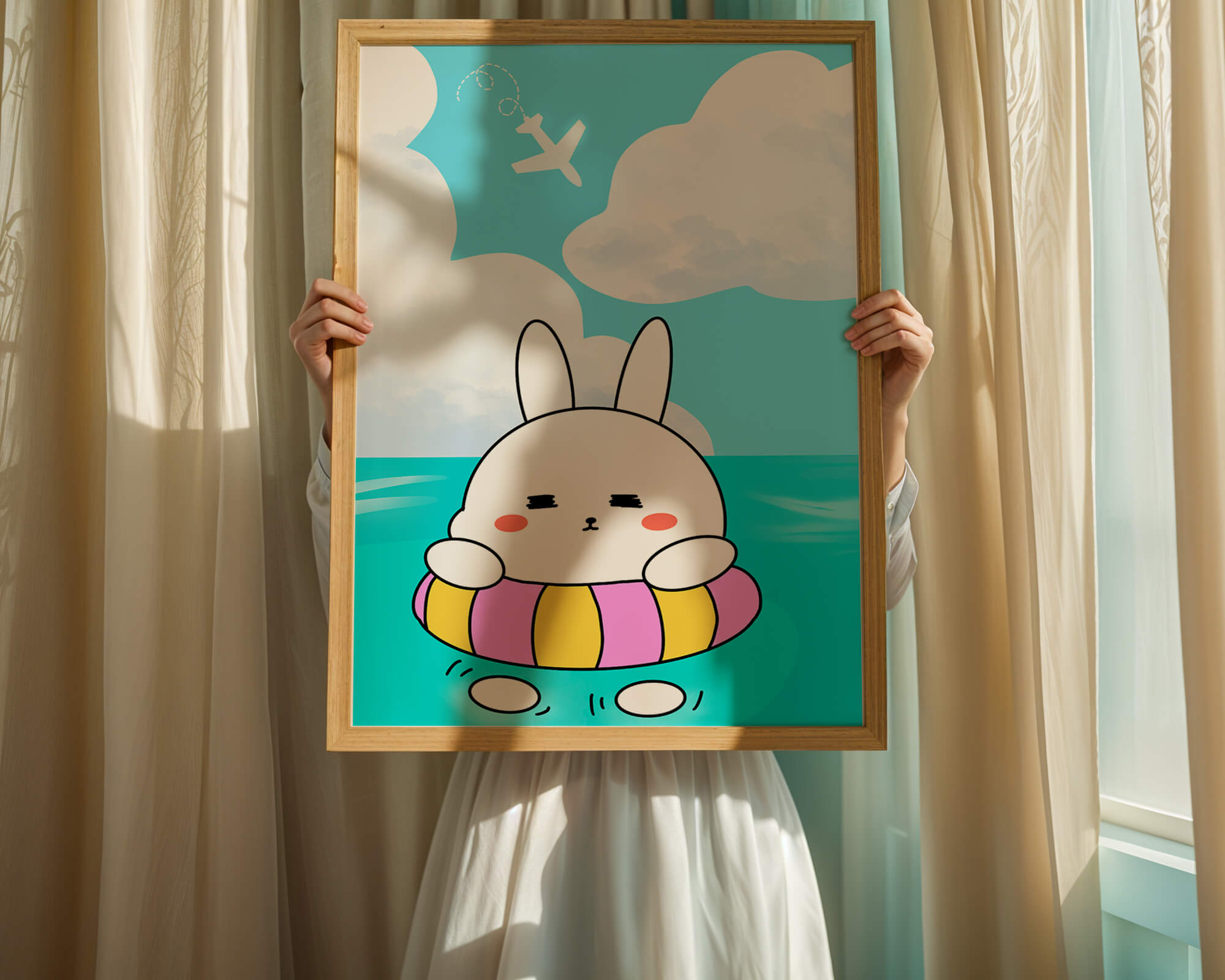 Illustration of a cute bunny floating on a colorful inflatable in a blue ocean under a bright sky with an airplane