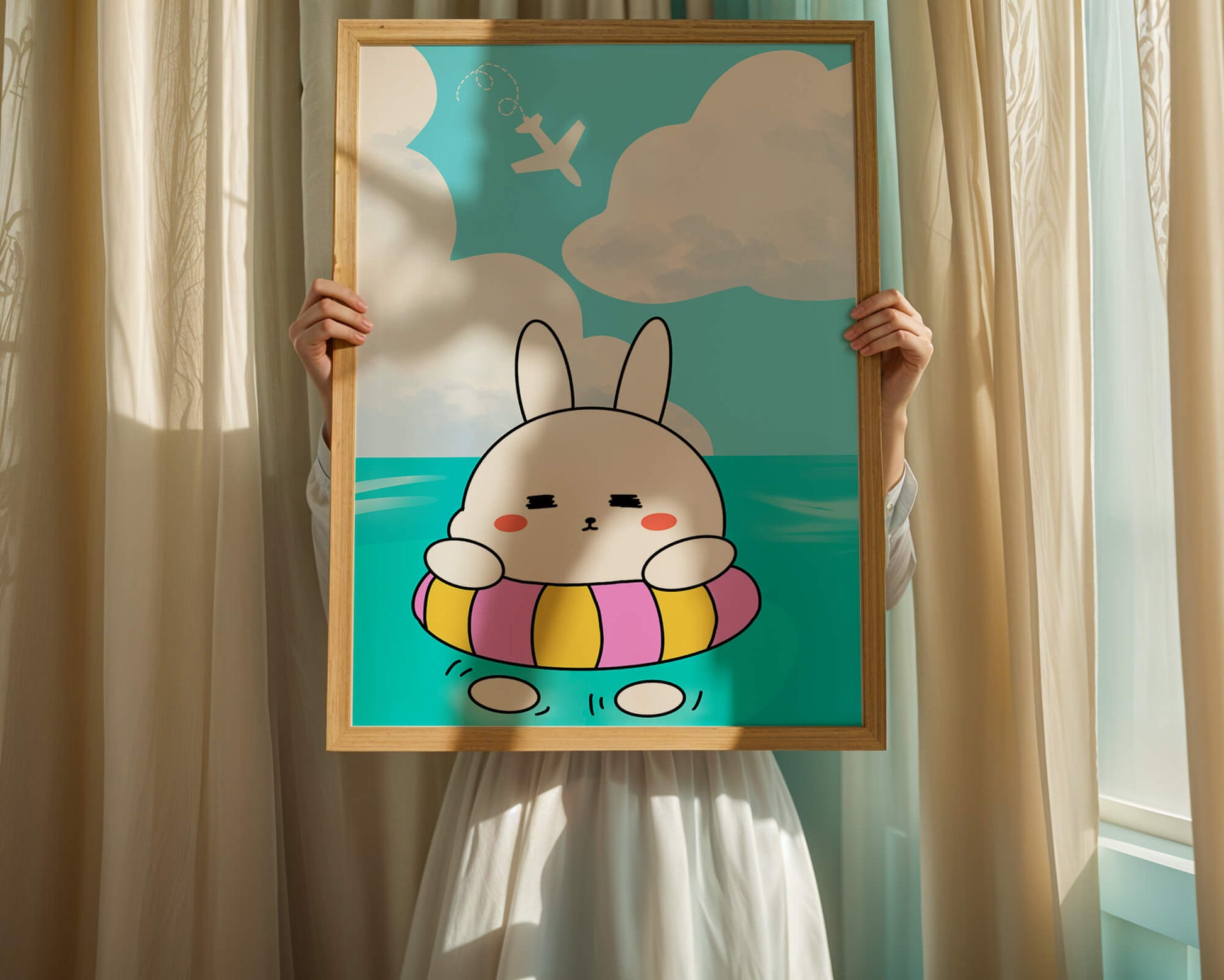 Illustration of a cute bunny floating on a colorful inflatable in a blue ocean under a bright sky with an airplane