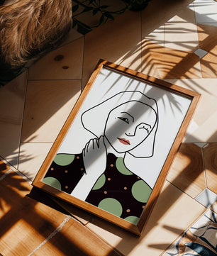 Modern Minimalist Portrait of a Winking Woman in Green Polka Dot Dress - Mi tienda