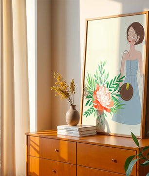 Ilustración de una mujer en vestido azul con diseño floral