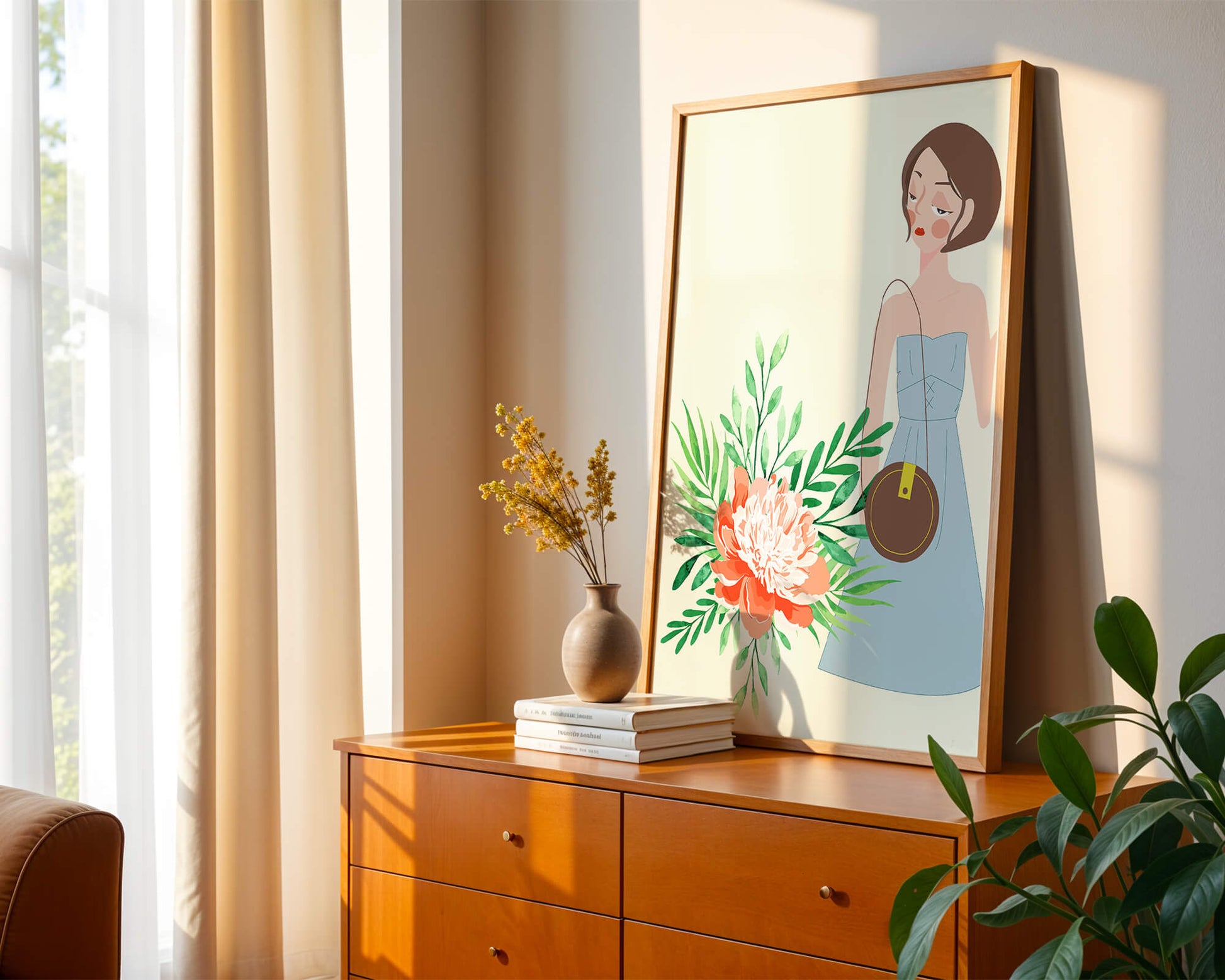 Ilustración de una mujer en vestido azul con diseño floral