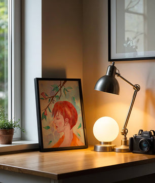 Illustrative artwork of a woman with red hair and floral branch