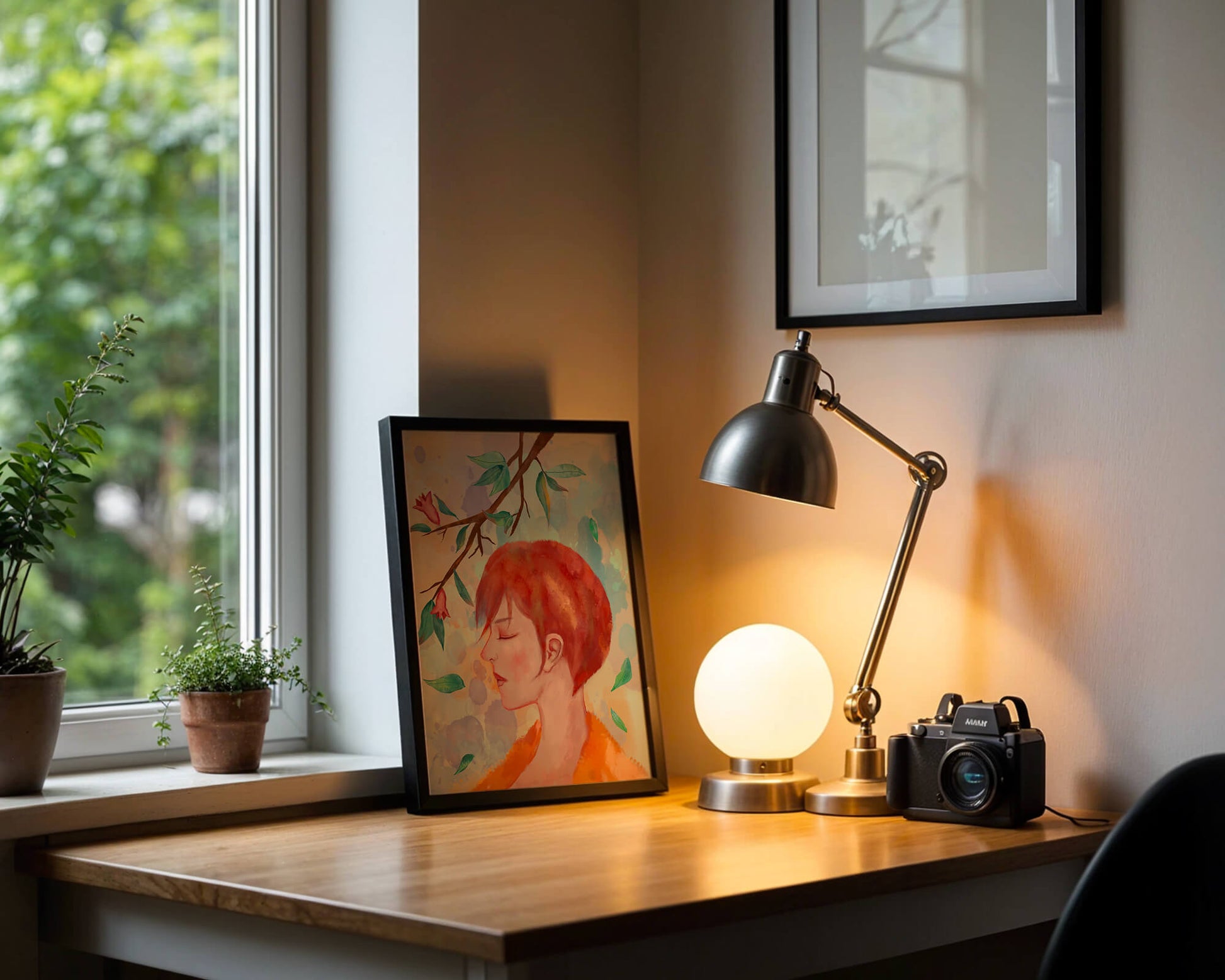 Illustrative artwork of a woman with red hair and floral branch