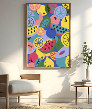 Patrón abstracto de frutas vibrantes con cítricos y melones sobre fondo azul