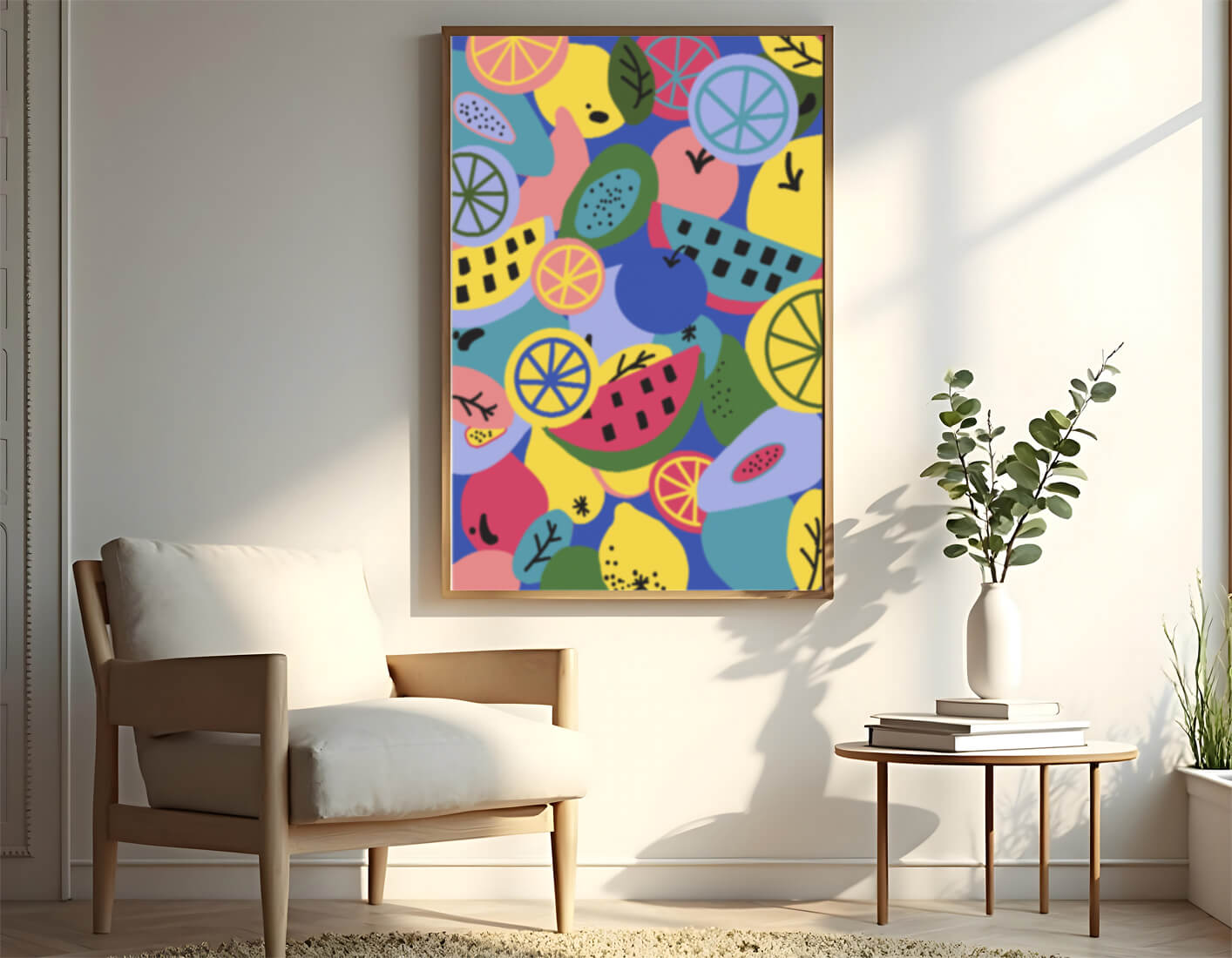 Patrón abstracto de frutas vibrantes con cítricos y melones sobre fondo azul