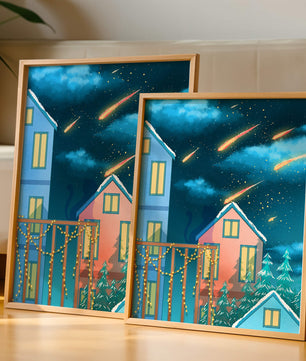 Winter Night Scene with Falling Meteors and Snow-Covered Houses