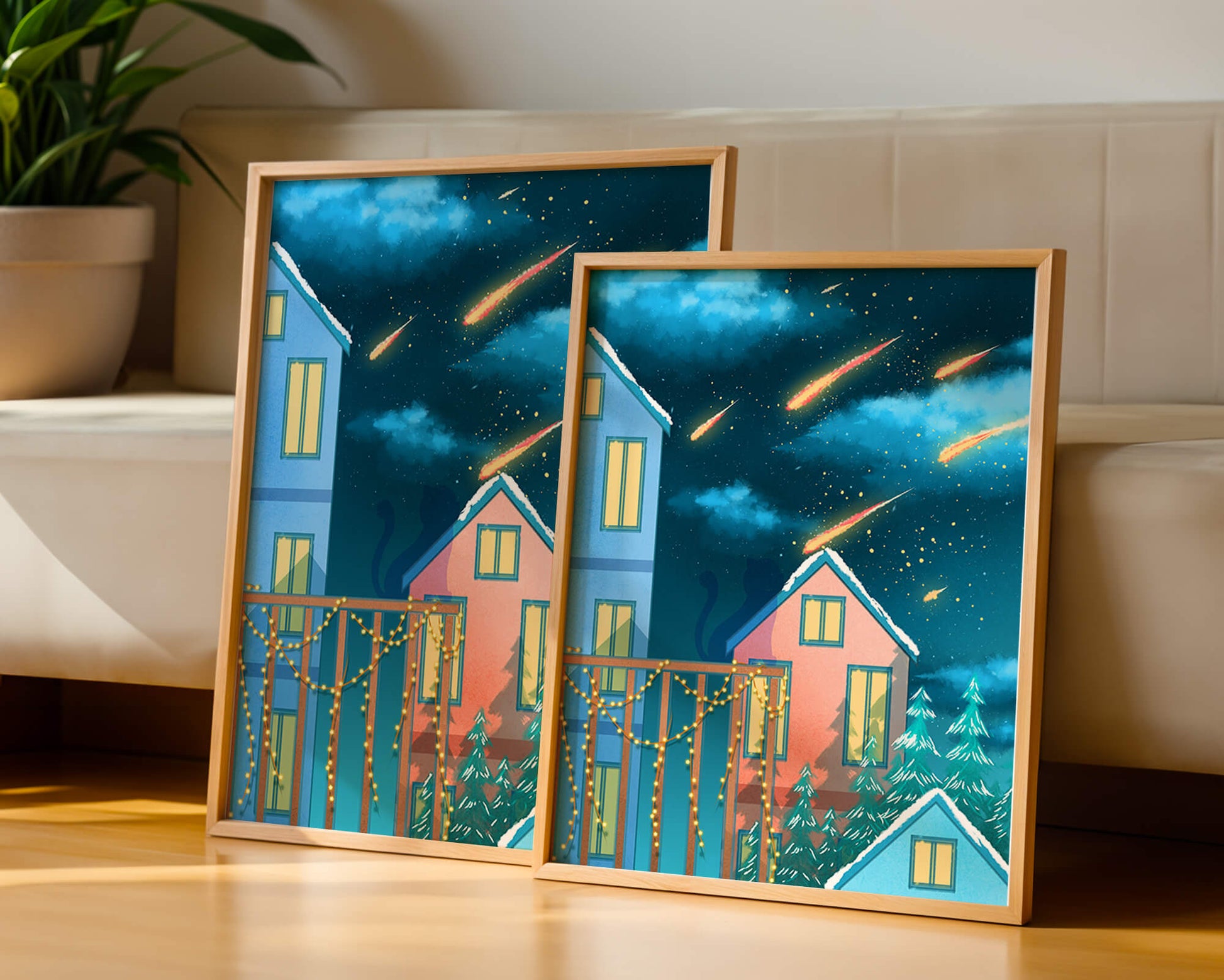 Winter Night Scene with Falling Meteors and Snow-Covered Houses