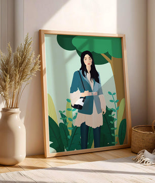 Illustrative portrait of a woman in a stylish outfit with nature backdrop