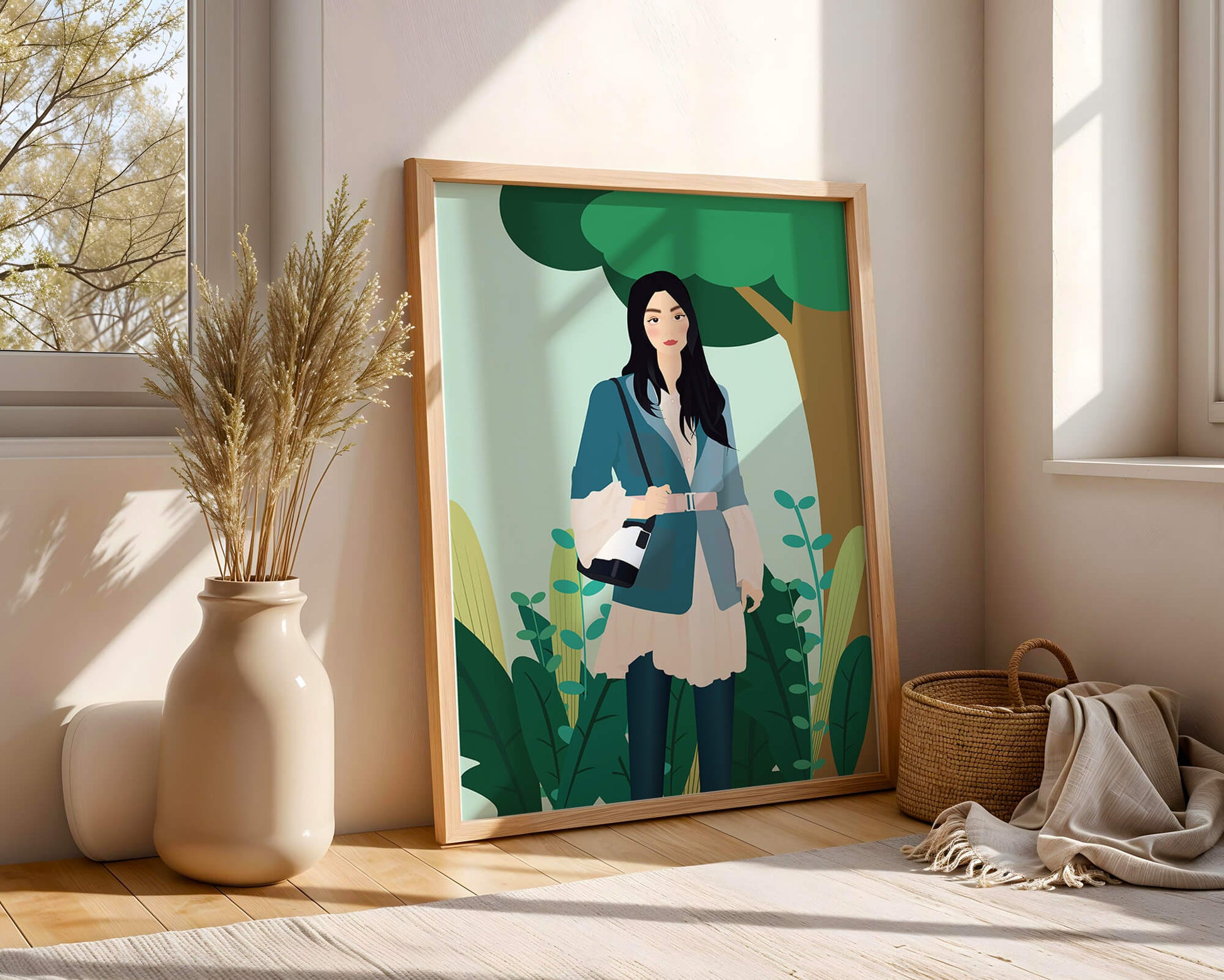 Illustrative portrait of a woman in a stylish outfit with nature backdrop