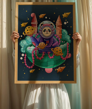 Whimsical space panda illustration with planets and stars